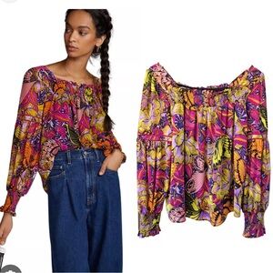 ALEXANDRA FARMER by ANTHROPOLOGIE Puff Sleeved Blouse in Pink Combo, Small